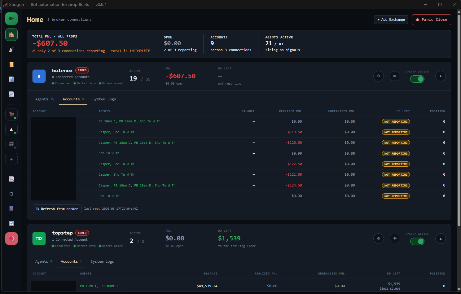 The Shogun home screen: three broker connections, nine accounts, and a
                  per-account table showing which strategies are attached to each.